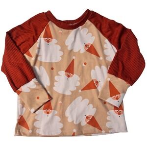 Handmade Whimsical Santa Claus Print Long Sleeve Shirt Ribbed Red Tan Girls 6/7